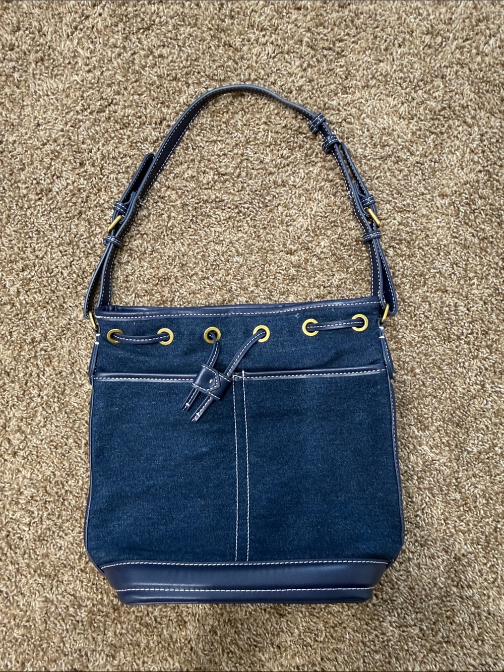 Navy Denim Bucket Shoulder Bag